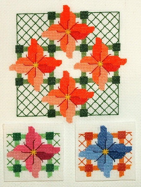 Trellised Petals   Choose from 3 color schemes. Charted for Sulky® 12 wt cotton thread. One strand replaces 2 strands of embroidery floss! Stitching is easy peasy!   Stitch ct: 76 x 76  SRP $10.00.